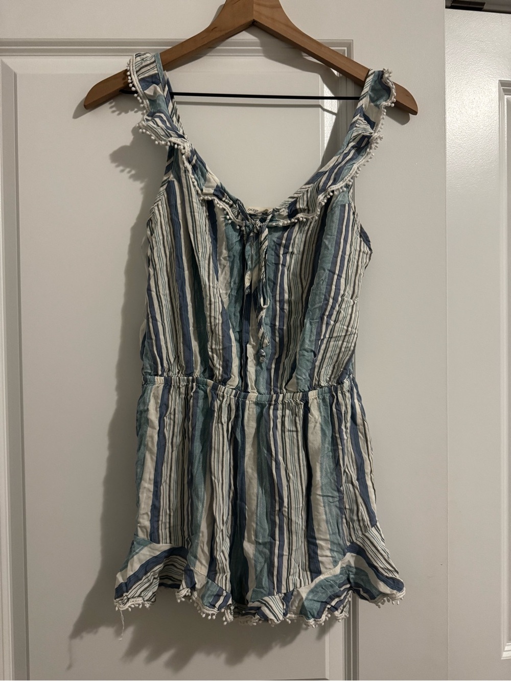 Ocean Drive blue and white striped romper with ruffles and tie front